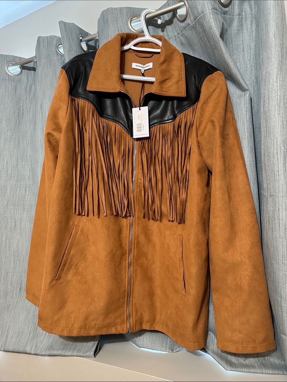 WeWoreWhat Chestnut Faux Suede Fringe Jacket with Black Yoke